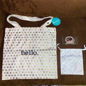 Thirty-One Tote Talk Gold Dot Bag & Timeless Memory Pouch w/ 2 Hair Ties Bundle